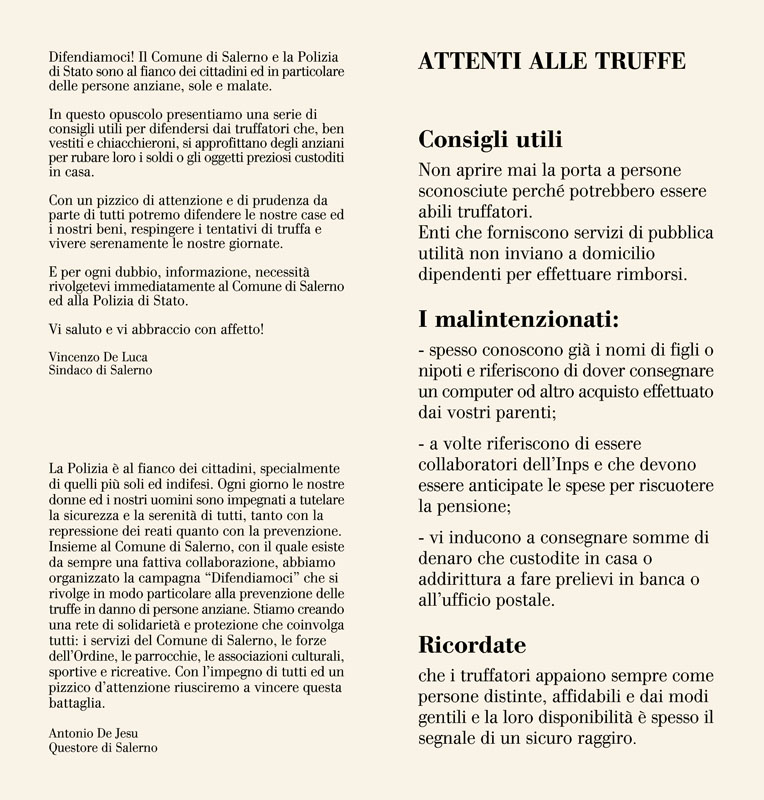   ?Difendiamoci?: Comune e Questura di Salerno insieme contro le truffe domestiche agli anziani 

