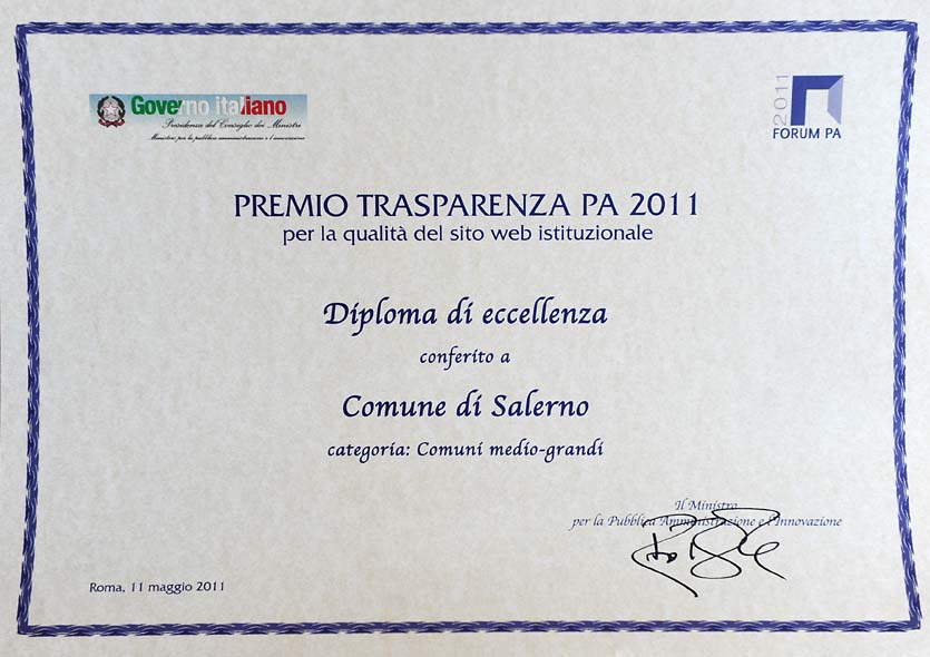   "Premio TrasparenzaPA": Il Dipartimento della Funzione Pubblica premia il sito web del Comune di Salerno. Roma, 11 maggio 2011
