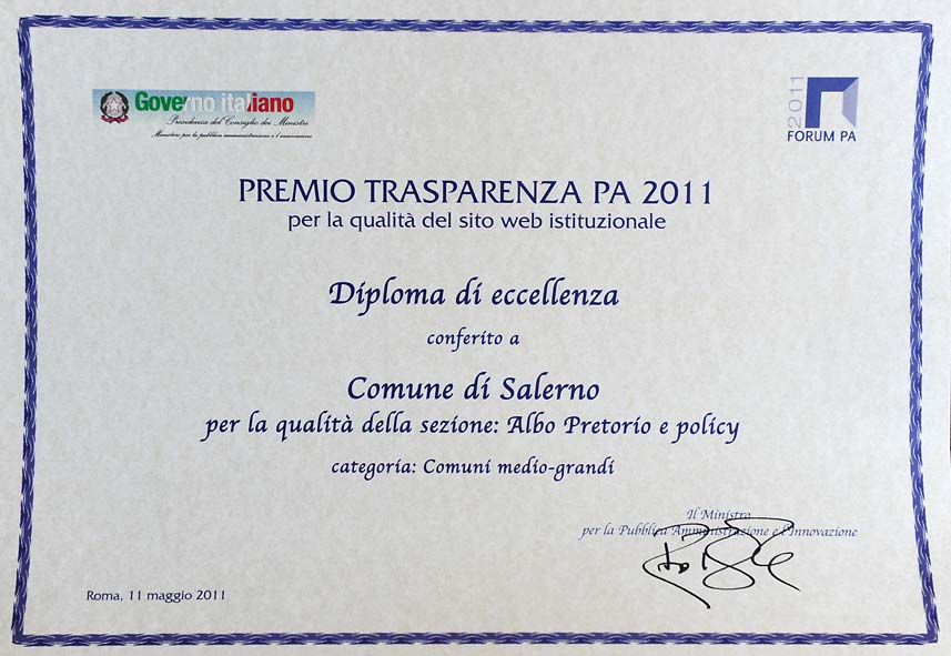   "Premio TrasparenzaPA": Il Dipartimento della Funzione Pubblica premia il sito web del Comune di Salerno. Roma, 11 maggio 2011
